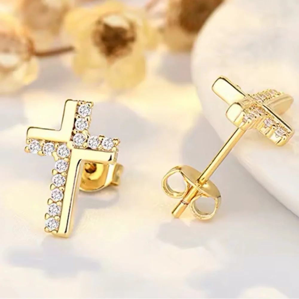 Unisex Yellow Gold Plated S925 Simulated Diamond Cross‎ Stud Earrings, 0.8cm